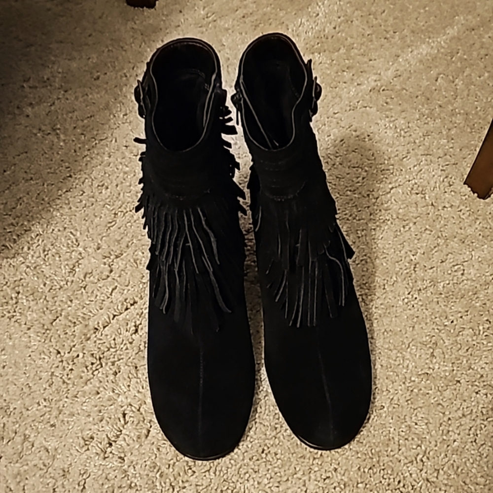 Aerosoles Plumming Bird Black Suede Fringed Boots sz7.5M 3" heel